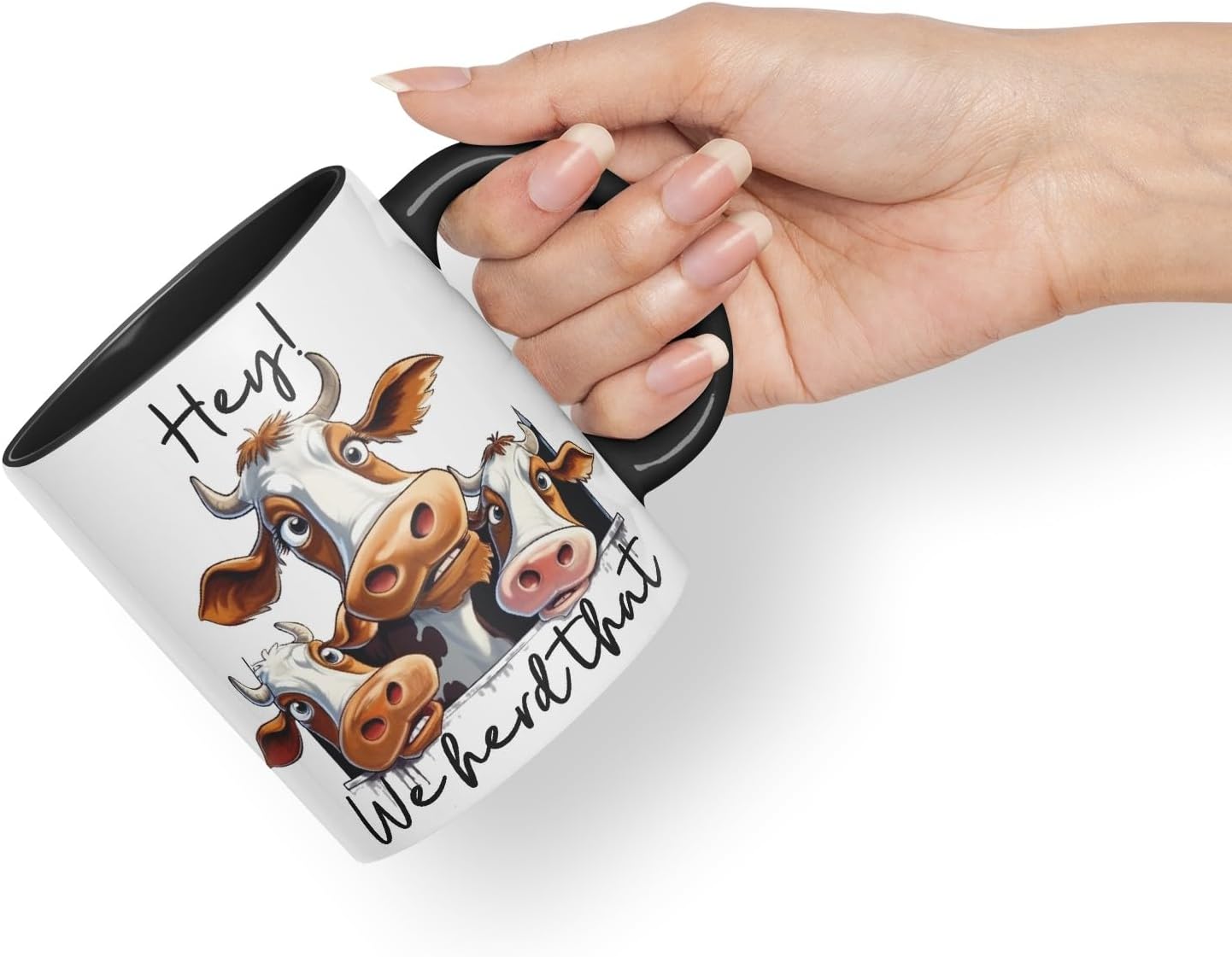 Vixar Hey! We Herd That Cow Joke Coloured Ceramic Mug Cup Gift, 11oz (Black)