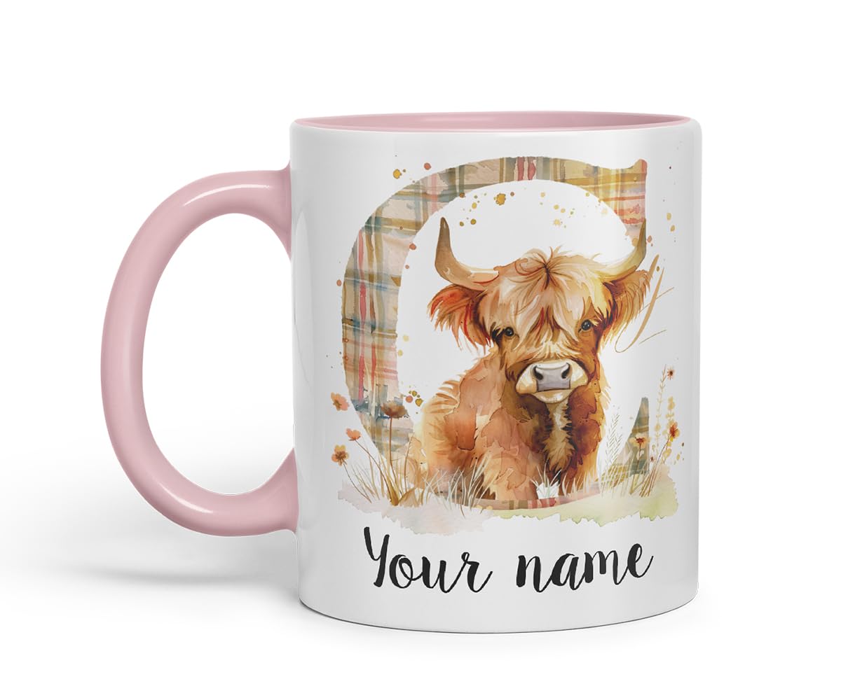 Vixar Personalised Highland Cow Initial Letter C Custom Name Mug – Coloured Ceramic Mug Cup Gift, 11oz (Black)