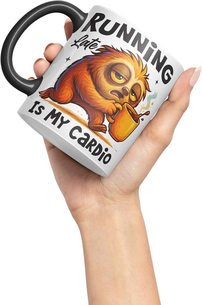 Vixar Running Late is My Cardio Funny Sloth Coffee Mug – Coloured Ceramic Mug Cup Gift, 11oz (Black)
