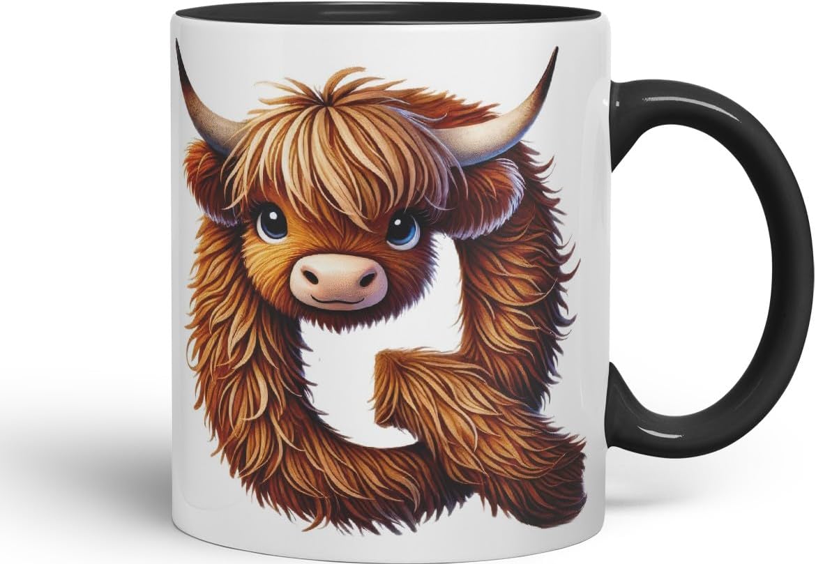 Highland Cow Alphabet Monogram Coloured Ceramic Cup Mug Letter Q Rustic Farmhouse Animal Letter Gift V2 11oz (Black)