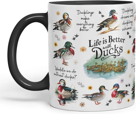 Vixar Life is Better with Ducks – Funny Animal Coloured Mug Cup 11oz (Black)