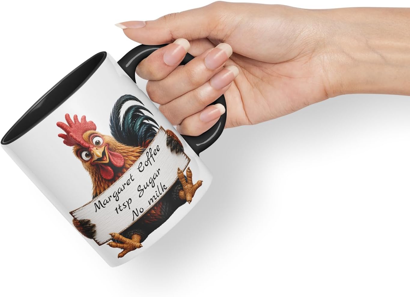Vixar Personalised Cockerel Mug with Name or Custom Message – Cute Animal Coloured Ceramic Mug Cup Gift, 11oz (Black)