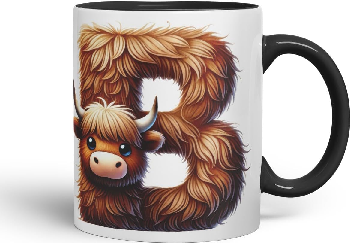 Highland Cow Alphabet Monogram Coloured Ceramic Cup Mug Letter B Rustic Farmhouse Animal Letter Gift V2 11oz (Black)