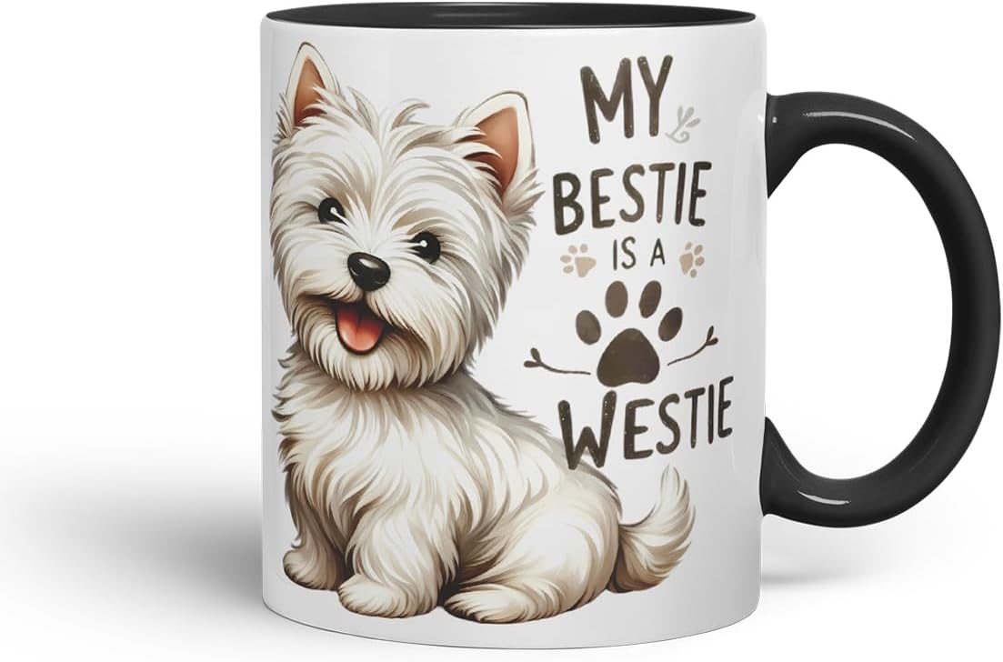 Vixar My Bestie is A Westie Dog Mug – Coloured Ceramic Mug Cup Gift, 11oz (Black)