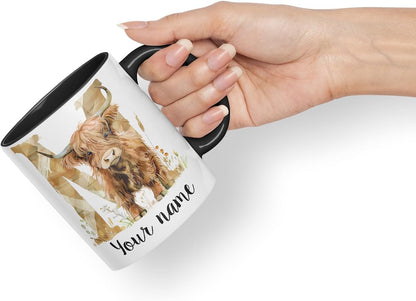Vixar Personalised Highland Cow Initial Letter M Custom Name Mug – Coloured Ceramic Mug Cup Gift, 11oz (Black)
