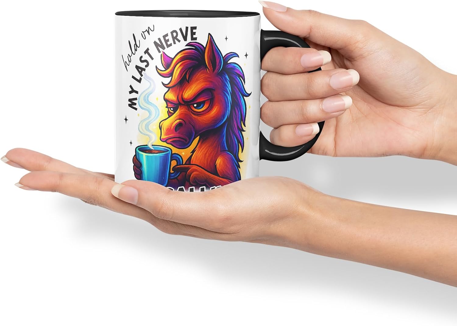 Vixar Hold On My Last Nerve is Calling Funny Horse Coffee Mug – Coloured Ceramic Mug Cup Gift, 11oz (Black)