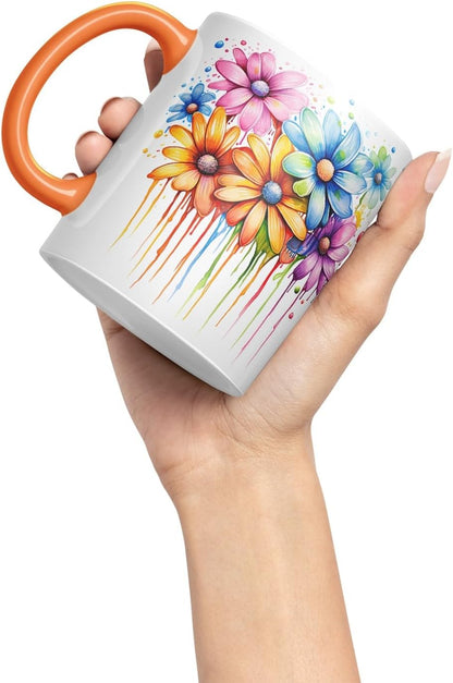 Vixar Daisy Meadow Mug Coloured Ceramic Mug Cup Gift, 11oz (Orange)