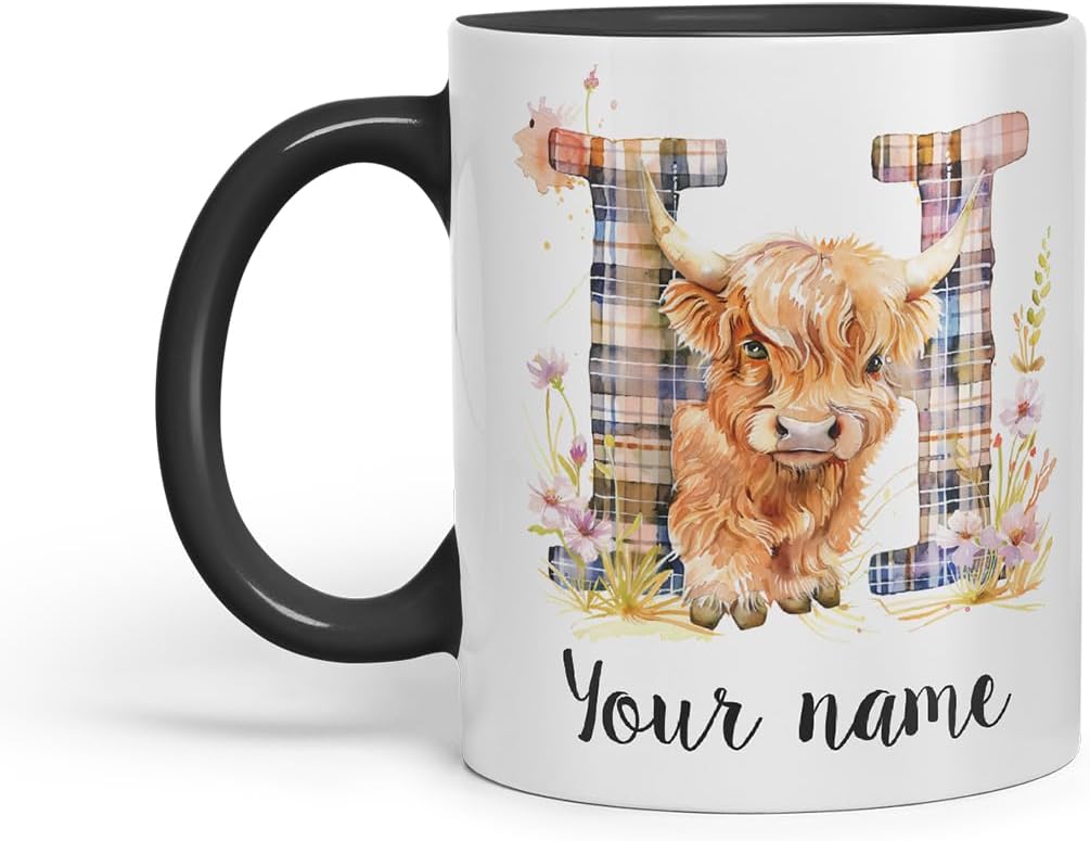 Vixar Personalised Highland Cow Initial Letter H Custom Name Mug – Coloured Ceramic Mug Cup Gift, 11oz (Black)