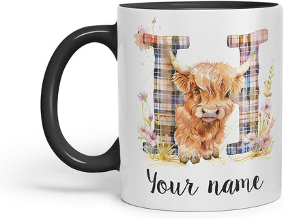 Vixar Personalised Highland Cow Initial Letter H Custom Name Mug – Coloured Ceramic Mug Cup Gift, 11oz (Black)