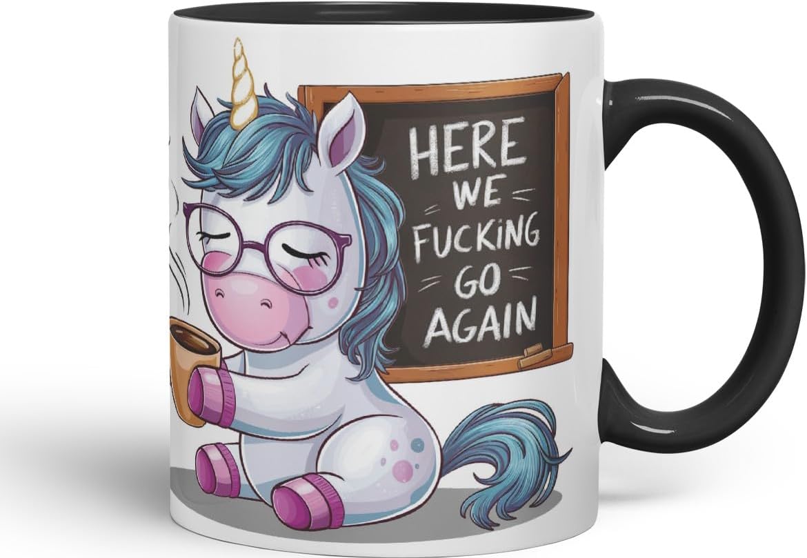 Vixar Here We F*cking Go Again – Coloured Ceramic Mug Cup Gift, 11oz (Black)
