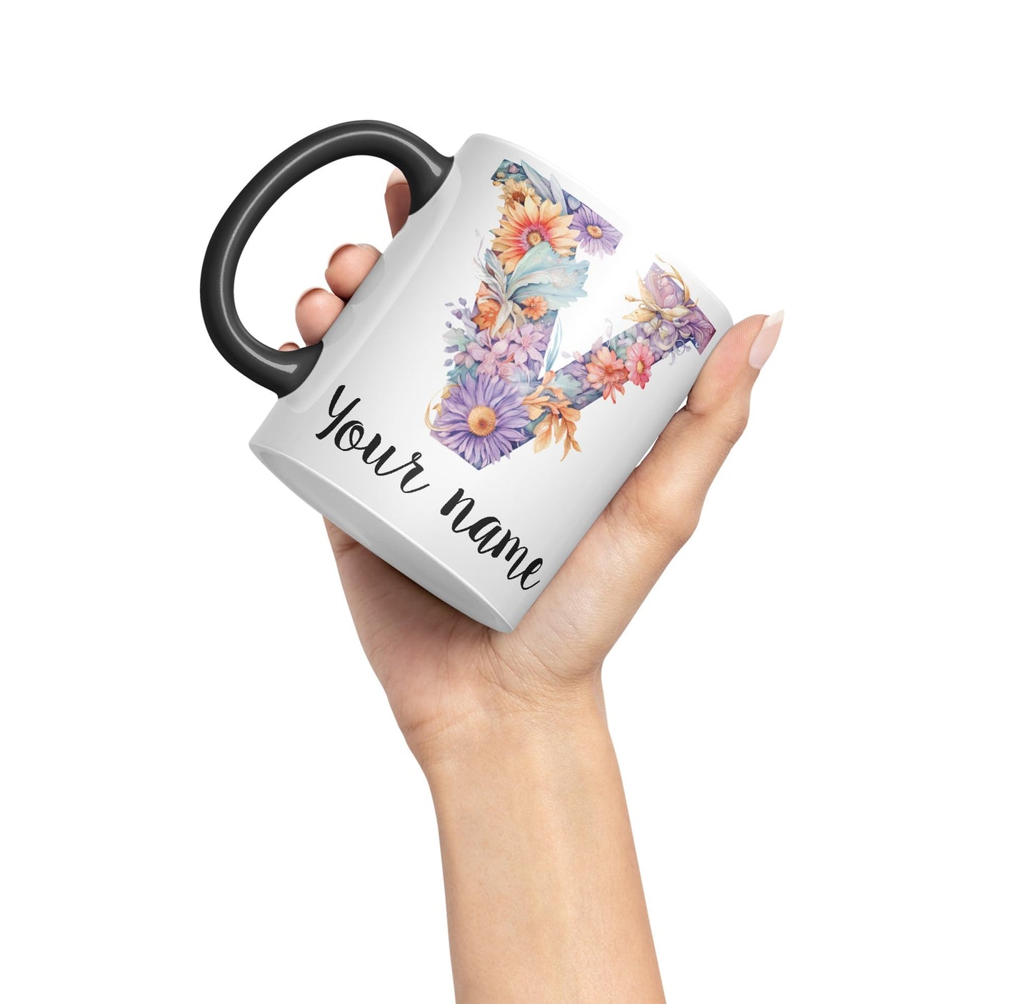 Personalised Letter V mug, Customized Custom Floral flowers butterfly Alphabet Letter V Monogram watercolour Ceramic Coloured Mug Cup for Tea Coffee Hot brew 330ml 11Oz Gift