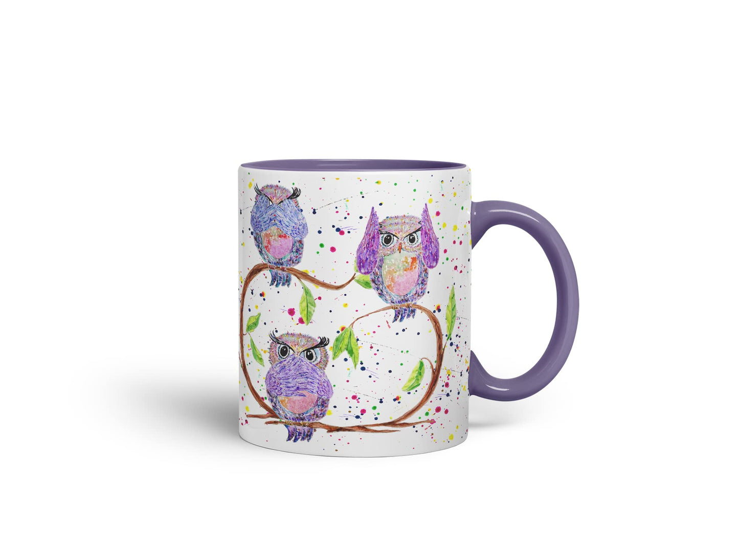 Vixar Owl Owls See Hear Speak no Evil Bird Animals Watercolour Art Coloured Mug Cup Gift Birthday Work Office Tea Coffee