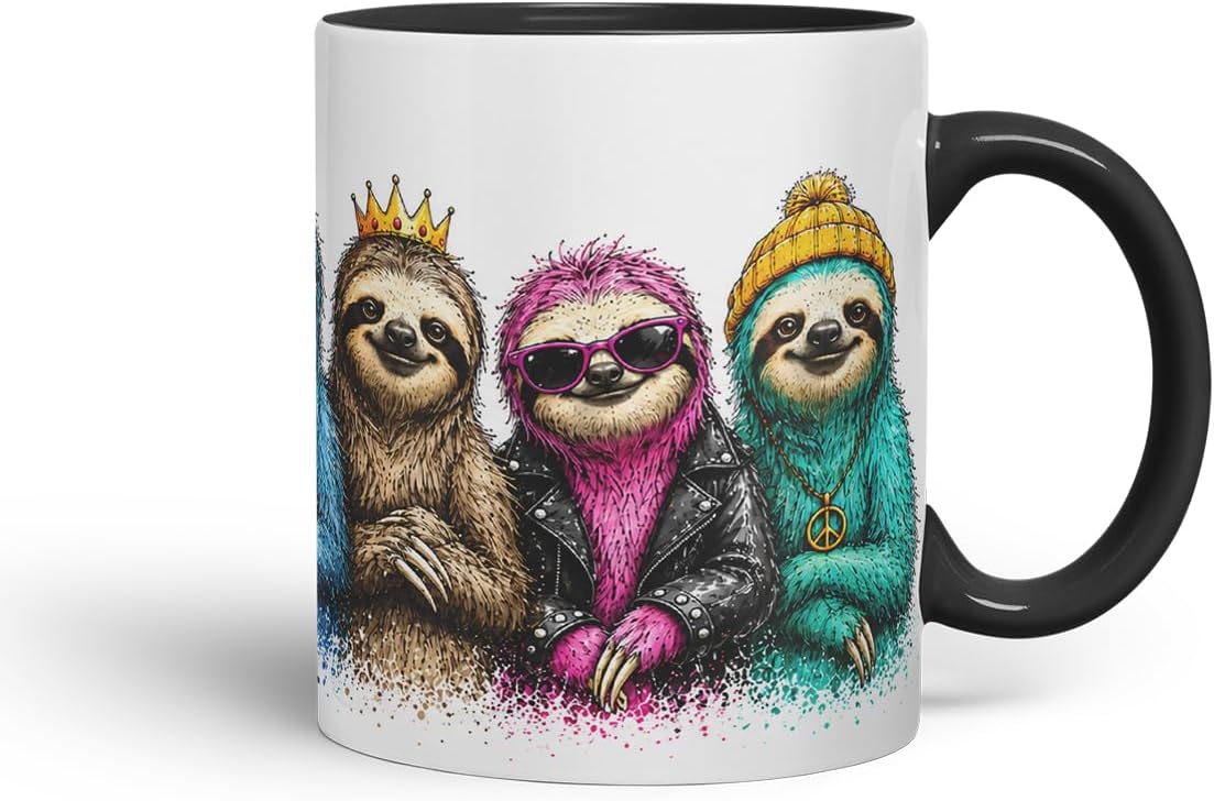 Vixar Sloths Mug – Cute Sloths Coloured Ceramic Mug Cup Gift, 11oz (Black)