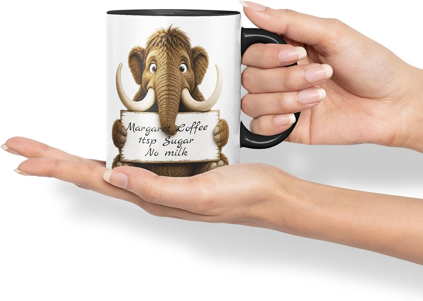 Vixar Personalised Mammoth Mug with Name or Custom Message – Cute Animal Coloured Ceramic Mug Cup Gift, 11oz (Black)