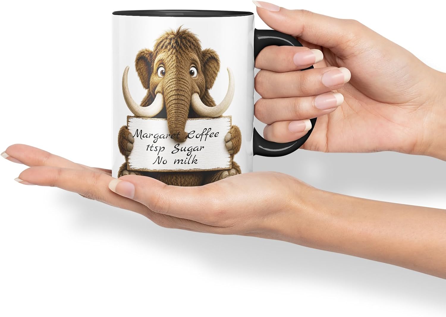 Vixar Personalised Mammoth Mug with Name or Custom Message – Cute Animal Coloured Ceramic Mug Cup Gift, 11oz (Black)