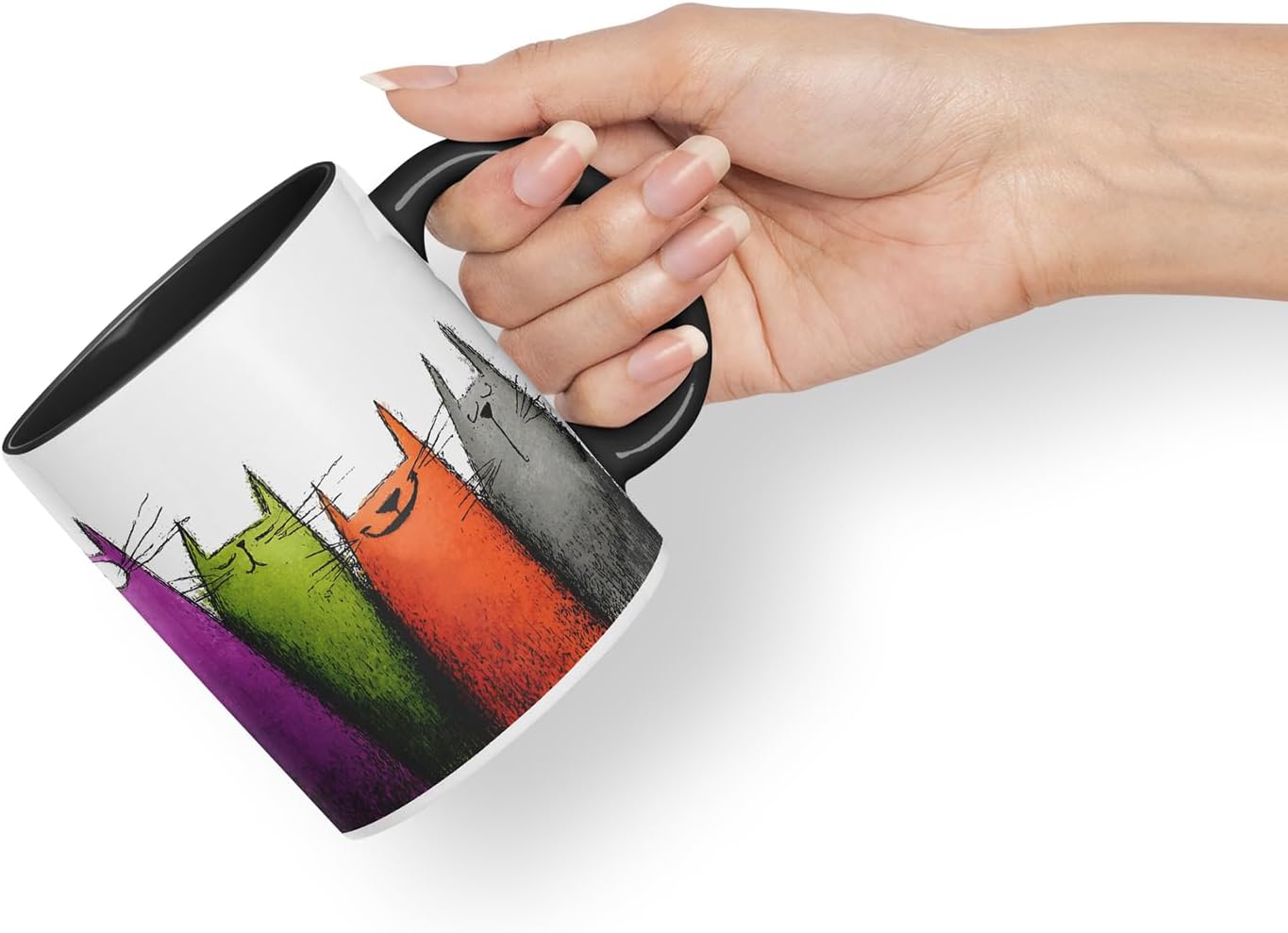 Vixar Funny Colourful Cute Cats Design – Coloured Ceramic Mug Cup Gift, 11oz (Black)