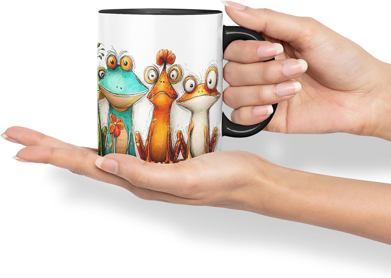 Vixar Funny Colourful Frog Friends Design – Cute raptile Character Mug for Animals Lovers, Coloured Mug Cup Gift, 11oz (Black)