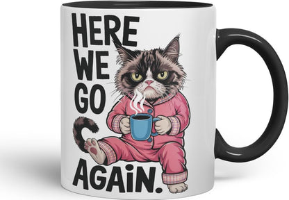 Vixar Here We Go Again Grumpy Cat Mug – Coloured Ceramic Mug Cup Gift, 11oz (Black)