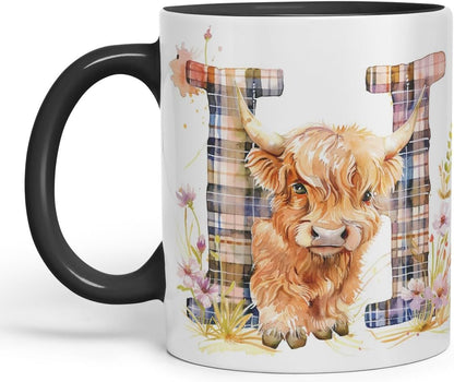 Vixar Highland Cow Alphabet Monogram Coloured Ceramic Cup Mug – Letter H – Rustic Farmhouse Animal Letter Gift – 11oz (Black)
