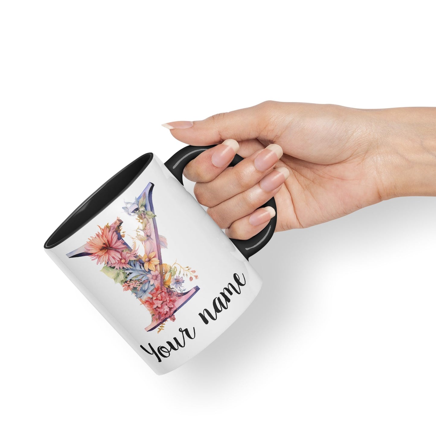 Personalised Letter Y mug, Customized Custom Floral flowers butterfly Alphabet Letter Y Monogram watercolour Ceramic Coloured Mug Cup for Tea Coffee Hot brew 330ml 11Oz Gift