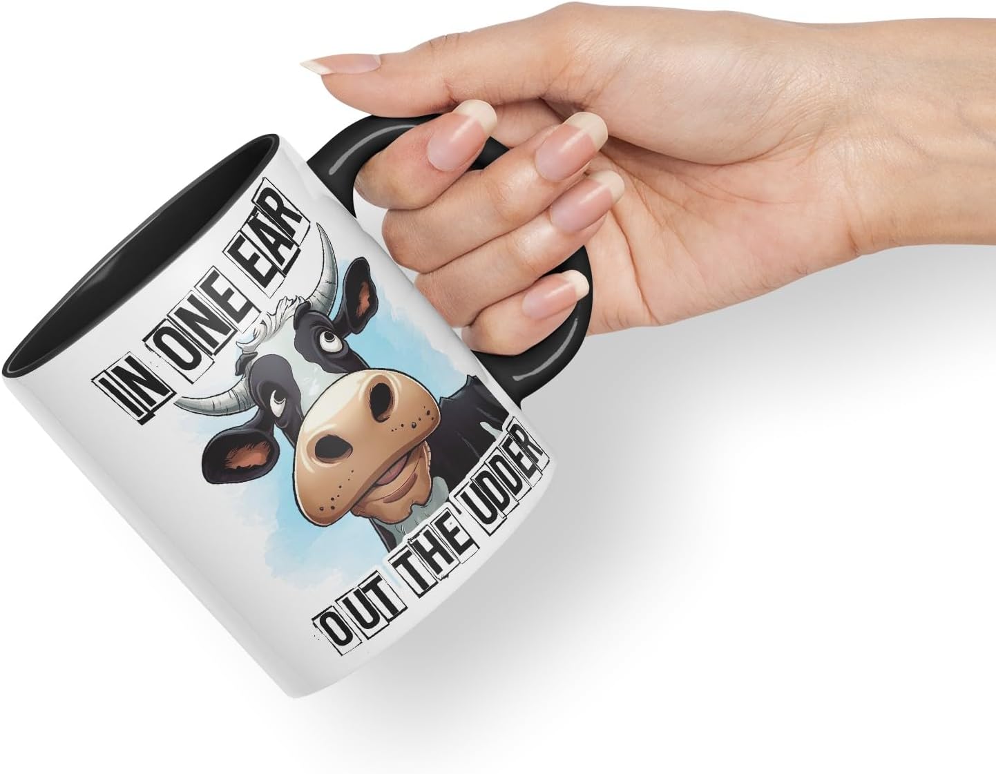 Vixar in One Ear Out The Udder Cow Joke Coloured Ceramic Mug Cup Gift, 11oz (Black)