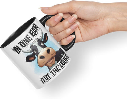 Vixar in One Ear Out The Udder Cow Joke Coloured Ceramic Mug Cup Gift, 11oz (Black)