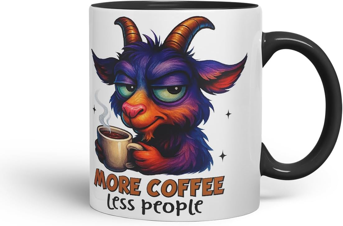 Vixar More Coffee Less People Funny Goat Mug – Coloured Ceramic Mug Cup Gift, 11oz (Black)
