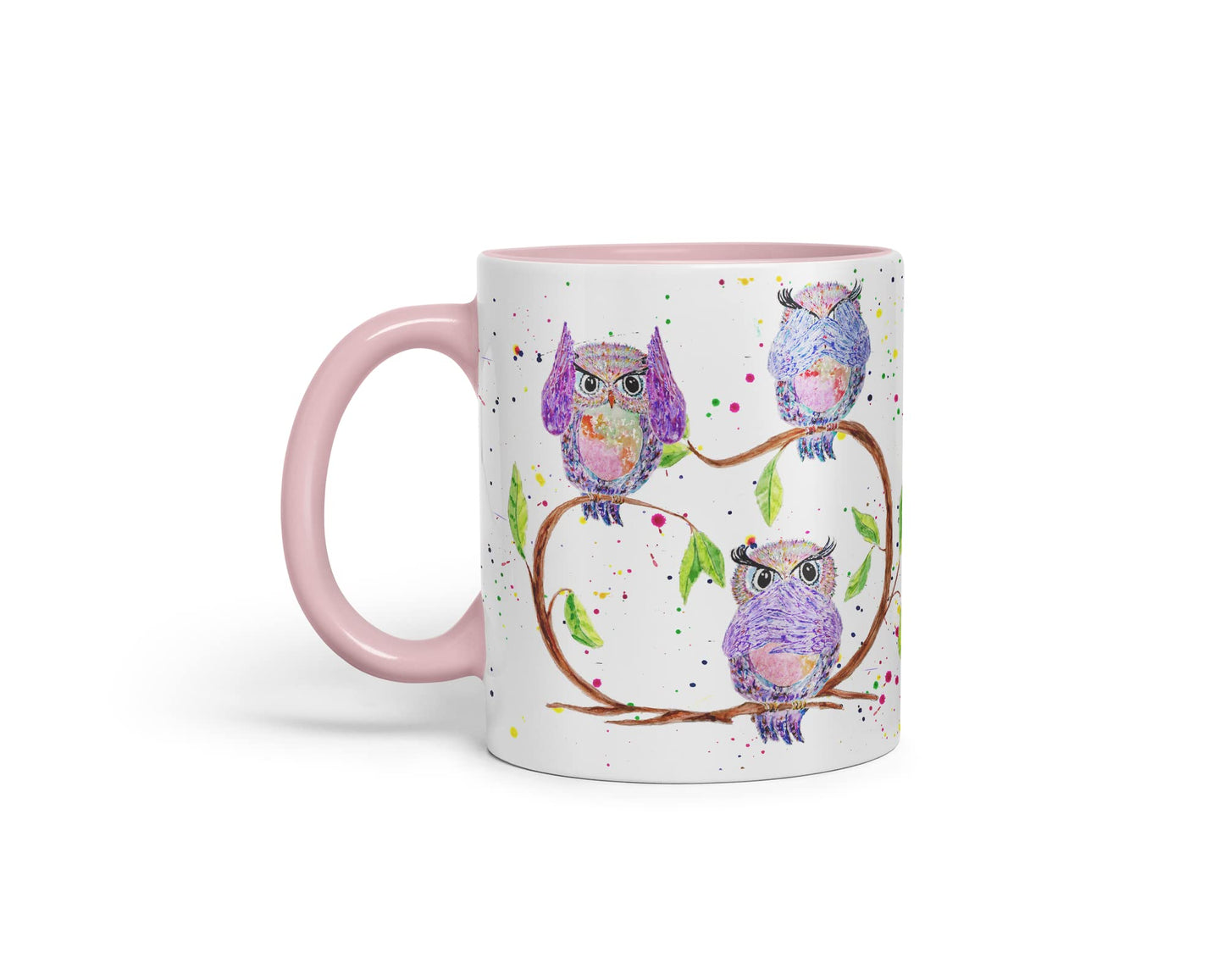 Vixar Owl Owls See Hear Speak no Evil Bird Animals Watercolour Art Coloured Mug Cup Gift Birthday Work Office Tea Coffee