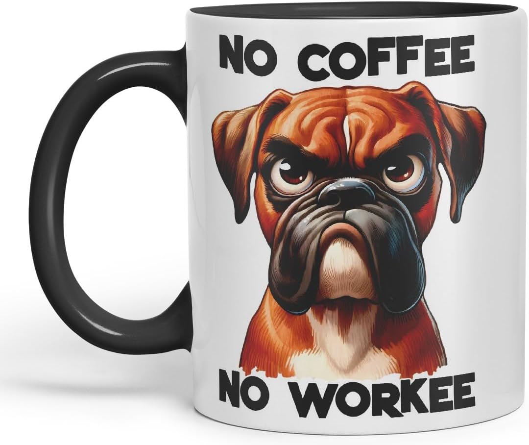 Vixar No Coffee No Workee Sarcastic Boxer Dog Mug, Coloured Ceramic Cup 11oz (Black)