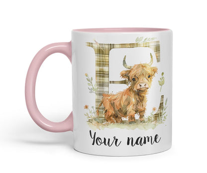 Vixar Personalised Highland Cow Initial Letter E Custom Name Mug – Coloured Ceramic Mug Cup Gift, 11oz (Black)