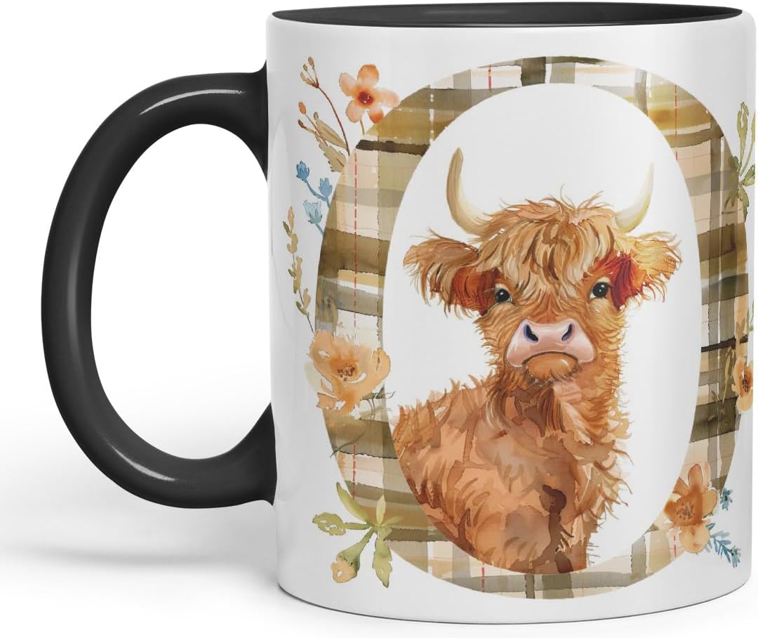Vixar Highland Cow Alphabet Monogram Coloured Ceramic Cup Mug – Letter O – Rustic Farmhouse Animal Letter Gift – 11oz (Black)