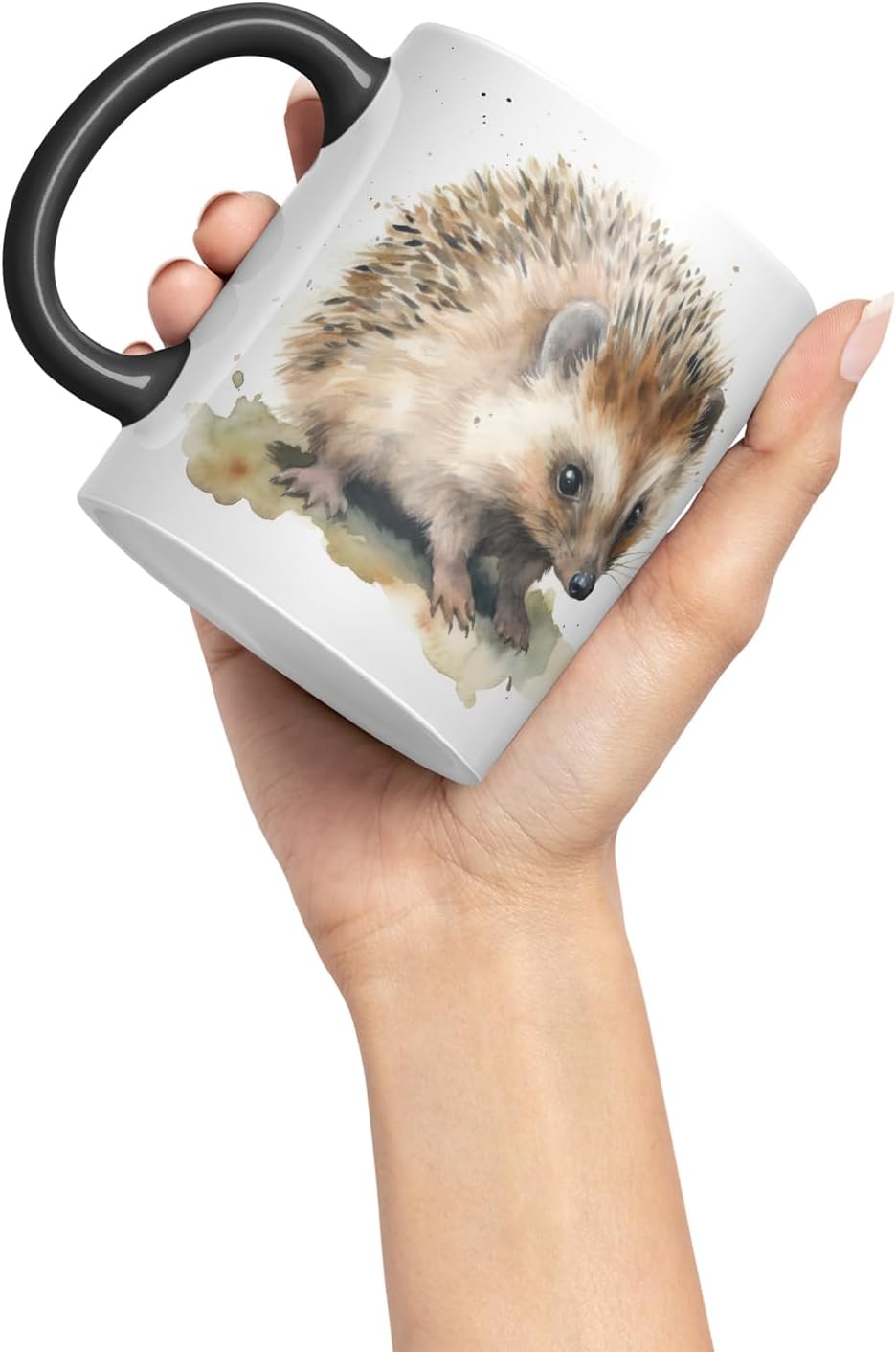 Vixar Watercolour Hedgehog Mug – Coloured Ceramic Mug Cup Gift, 11oz (Black)