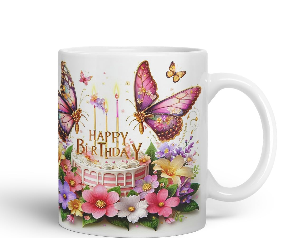 Vixar Happy Birthday Pink Cake Butterflies Coloured Ceramic Mug Cup Gift 11oz V10 (Black)