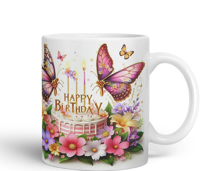 Vixar Happy Birthday Pink Cake Butterflies Coloured Ceramic Mug Cup Gift 11oz V10 (Black)