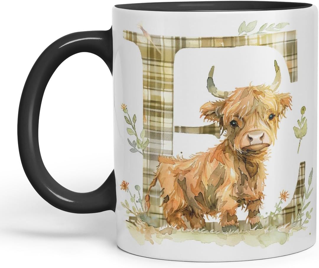 Vixar Highland Cow Alphabet Monogram Coloured Ceramic Cup Mug – Letter E – Rustic Farmhouse Animal Letter Gift – 11oz (Black)