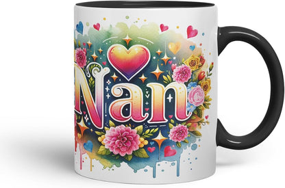 Vixar Nan Floral Watercolour Mug – Coloured Ceramic Mug Cup Gift, 11oz (Black)