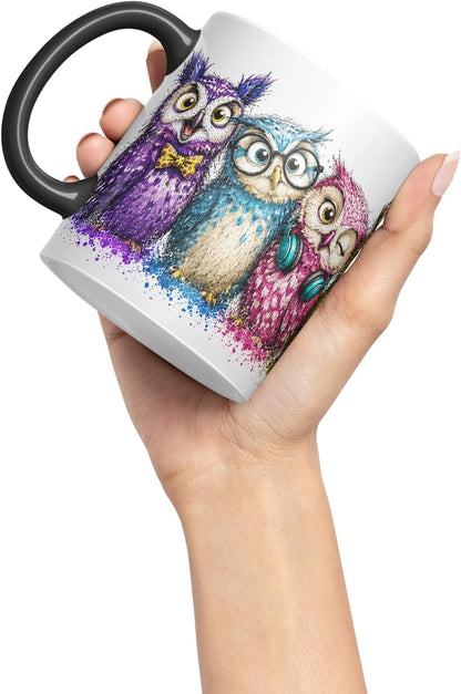 Vixar Owls Mug – Cute Owls Coloured Ceramic Mug Cup Gift, 11oz (Black)