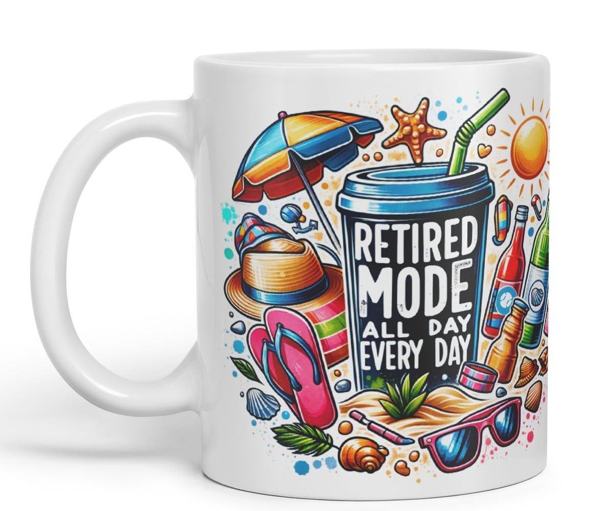Ceramic Mug “Retired Mode All Day Every Day” with Vacation Theme Coloured Mug Cup 330ml (Black)