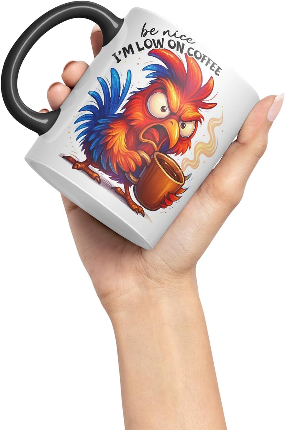 Vixar Be Nice I'm Low On Coffee Funny Chicken Mug – Coloured Ceramic Mug Cup Gift, 11oz (Black)