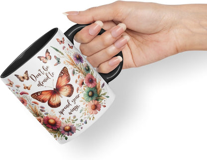 Vixar Don’t Be Afraid to Spread Your Wings Butterfly Coloured Mug Cup Floral Nature Inspirational Gift 11oz (Black)