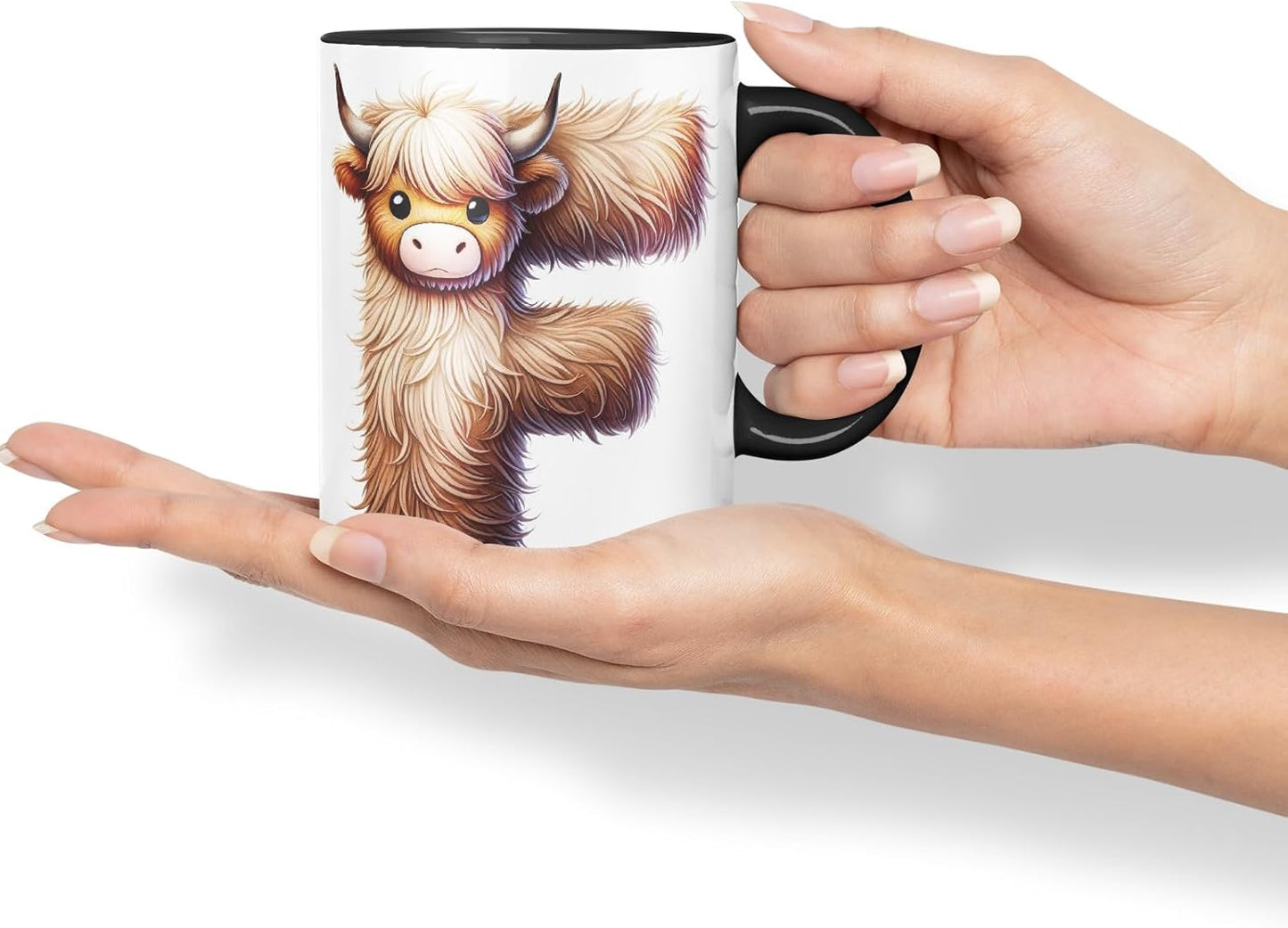 Highland Cow Alphabet Monogram Coloured Ceramic Cup Mug Letter F Rustic Farmhouse Animal Letter Gift V2 11oz (Black)