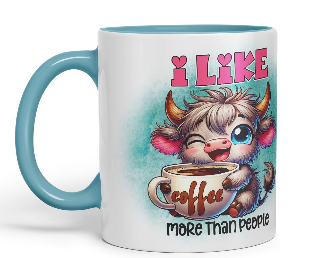 Vixar I Like Coffee More Than People Highland Cow Coloured Ceramic Mug Cup Gift for Coffee Lovers 11oz (Black)