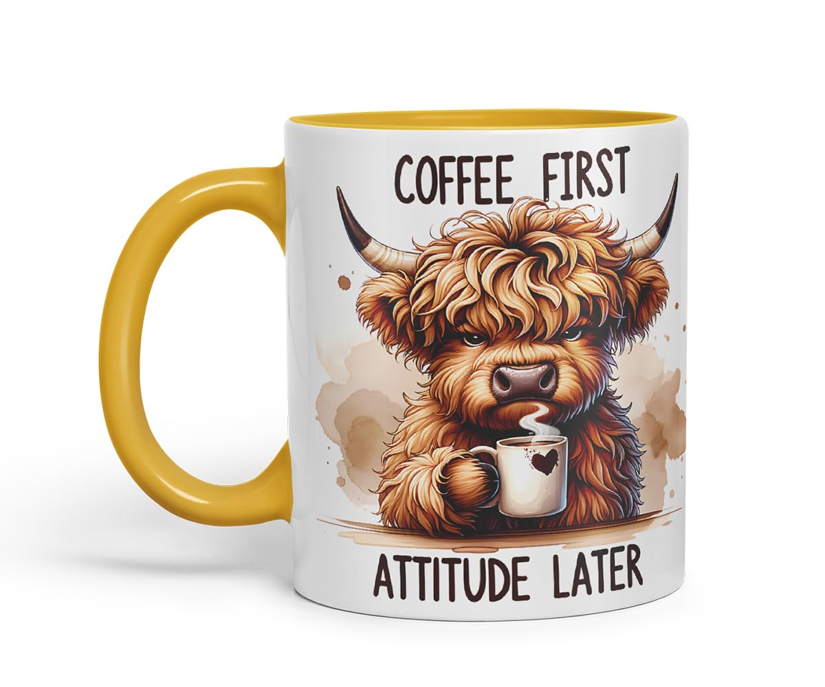 Vixar Coffee First Highland Cow Mug – Coloured Ceramic Mug Cup Gift, 11oz (Black)