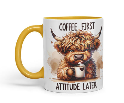 Vixar Coffee First Highland Cow Mug – Coloured Ceramic Mug Cup Gift, 11oz (Black)