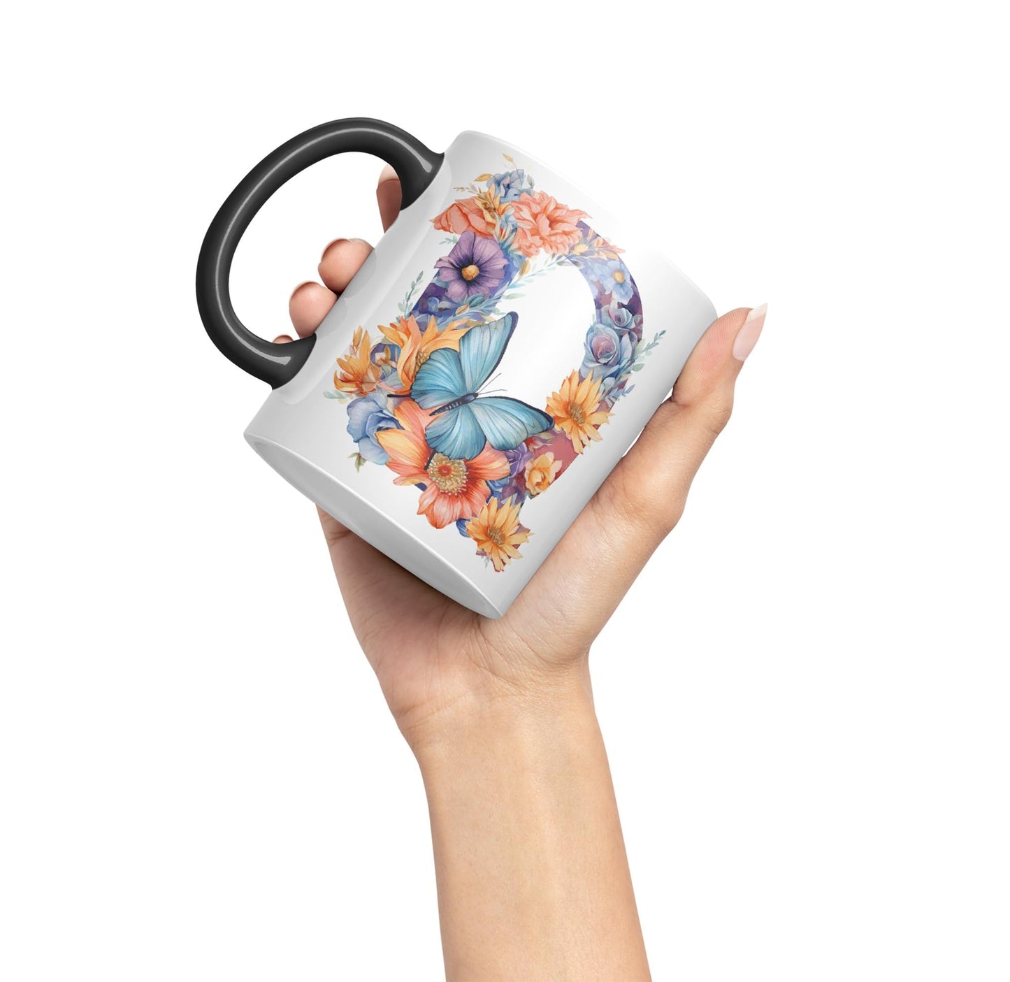 Letter Q mug, Floral flowers butterfly Alphabet Letter Q Monogram watercolour Ceramic Coloured Mug Cup for Tea Coffee Hot brew 330ml 11Oz Gift