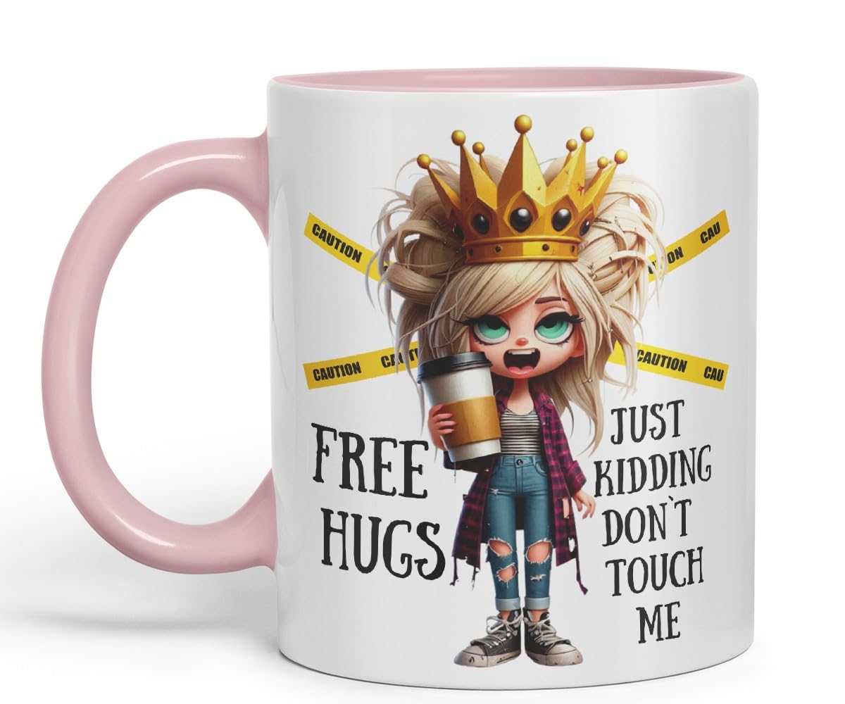Vixar Free Hugs, Just Kidding Don’t Touch Me Sarcastic Queen Coloured Ceramic Mug Cup Gift 11oz (Black)