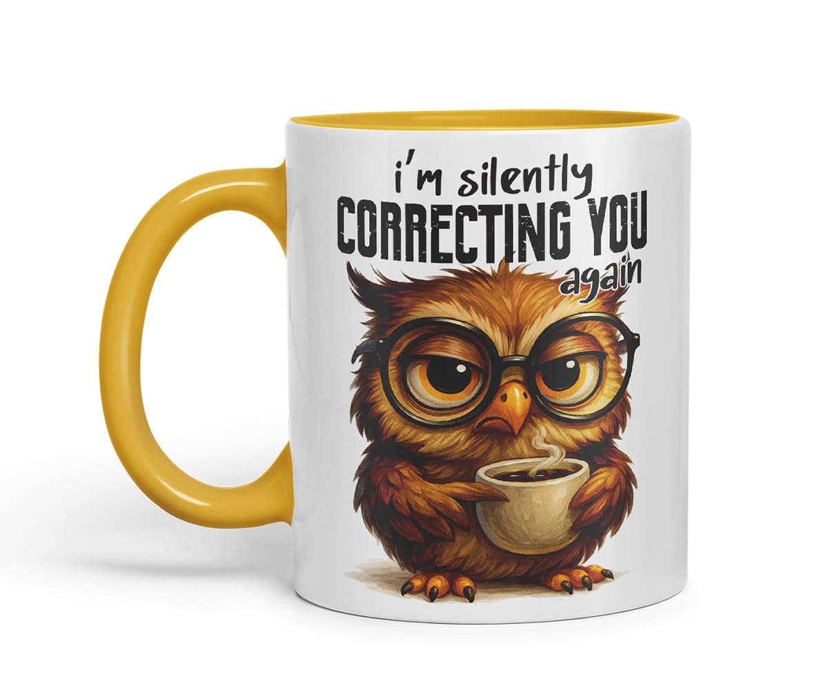 Vixar I'm Silently Correcting You Again Sarcastic Owl – Coloured Ceramic Mug Cup Gift, 11oz (Black)