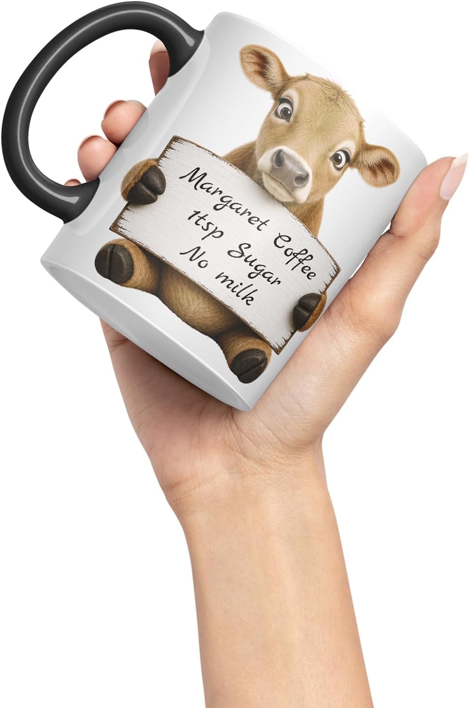 Vixar Personalised Jersey Cow Mug with Name or Custom Message – Cute Animal Coloured Ceramic Mug Cup Gift, 11oz (Black)