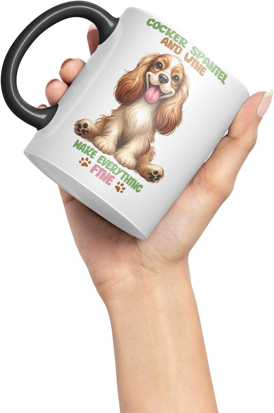 Vixar Cocker Spaniel and Wine Make Everything Fine Dog Mug – Coloured Ceramic Mug Cup Gift, 11oz (Black)