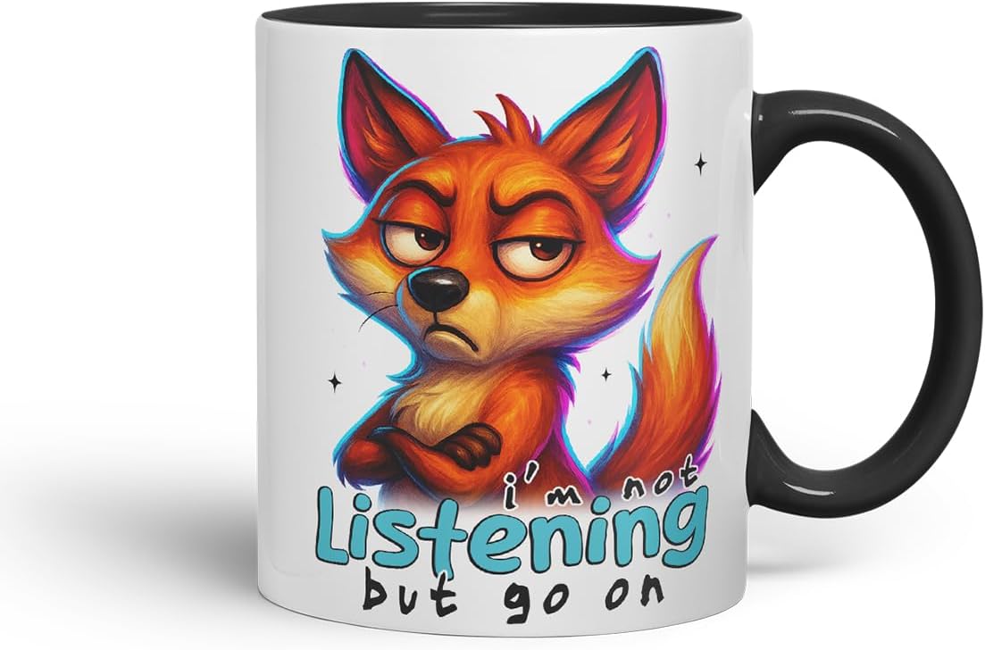 Vixar I'm Not Listening But Go On Sarcastic Fox – Coloured Ceramic Mug Cup Gift, 11oz (Black)